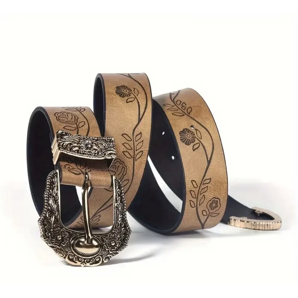 (Vintage) Bohemian Western Style Belt With Buckle 1.5 Inch Wide, Faux Leather Lg